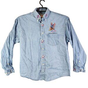 Mens Vintage High Sierra Blue Denim Shirt Button Up Embroidered Flag & Eagle M